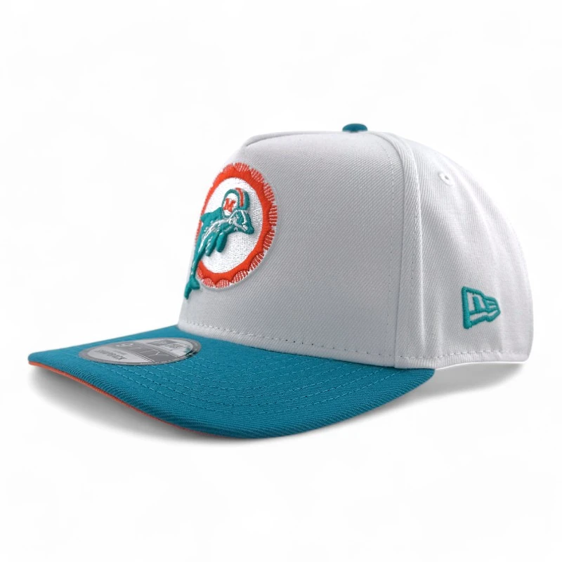 Miami Dolphins White & Teal Retro 25th Year Patch Orange UV New Era A-Frame Snapback Hat