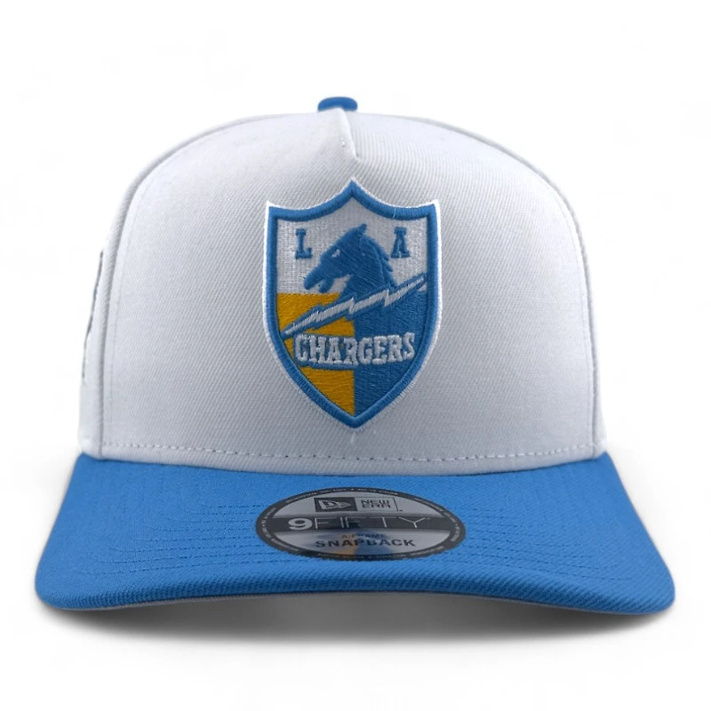 Los Angeles Chargers White & Light Blue 50th Anniversary Patch Gray UV New Era A-Frame Snapback Hat
