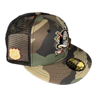 Anaheim Ducks Woodland Camo Black Trucker NHL Patch Green UV New Era 59FIFTY Fitted Hat