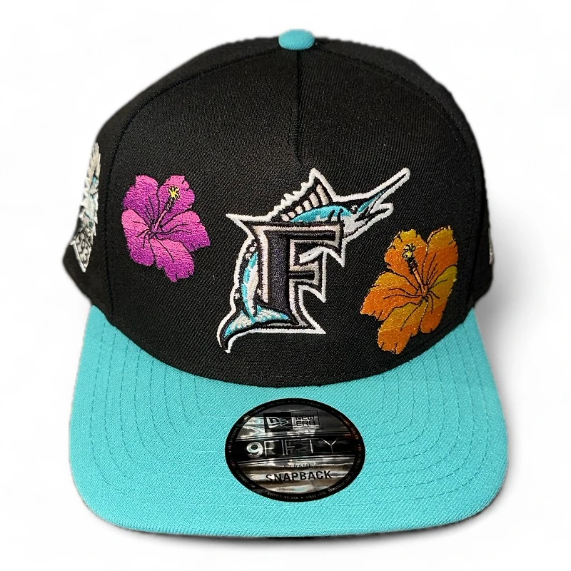 Florida Marlins Black Floral and Teal Inaugural Season Patch Gray UV New Era A-Frame Snapback Hat