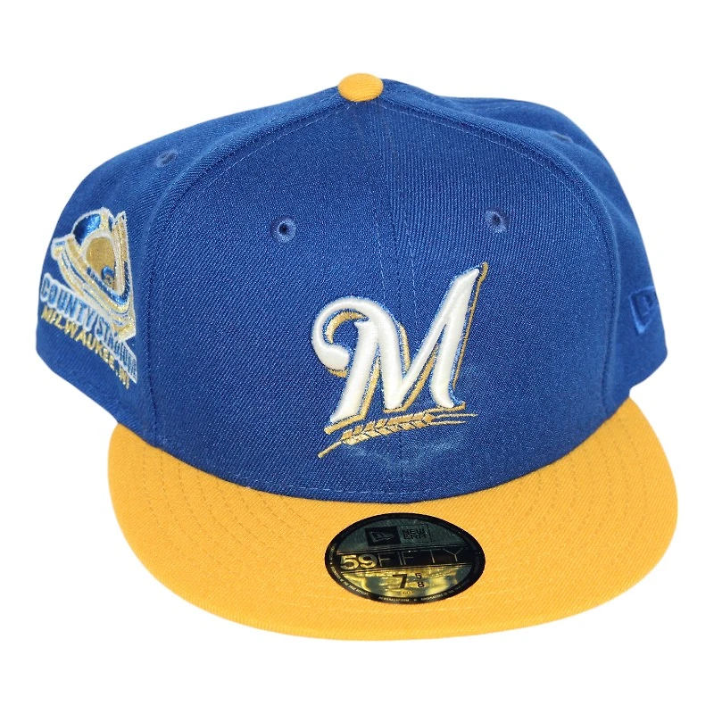Milwaukee Brewers Blue and Yellow County Stadium Patch Gray UV New Era 59Fifty Fitted Hat