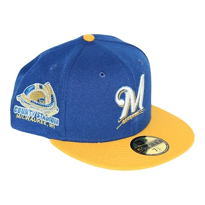 Milwaukee Brewers Blue and Yellow County Stadium Patch Gray UV New Era 59Fifty Fitted Hat