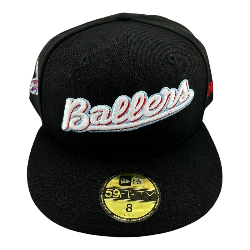Kannapolis Cannon Ballers Black Team Logo Patch Icy Blue UV MiLB New Era 59FIFTY Fitted Hat
