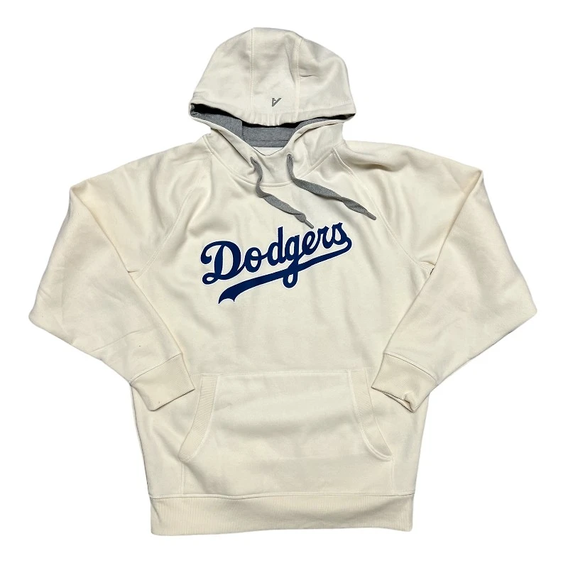 Los Angeles Dodgers Cream White Script Logo Victory Antigua Mens Long Sleeve Hoodie