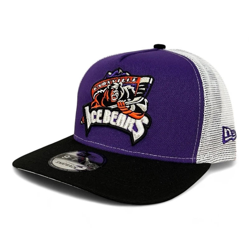 Knoxville Ice Bears X Scruffy City Shiners Purple and White Mesh Trucker New Era 9FIFTY A-Frame Snapback Hat