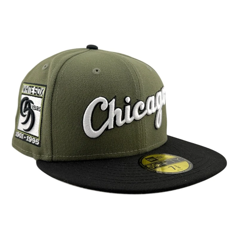Chicago White Sox Olive Green and Black "Olive Script" 95 Years Patch Gray UV New Era 59FIFTY Fitted Hat