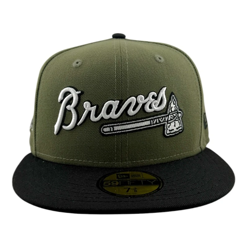Atlanta Braves Olive Green and Black "Olive Script" 150th Anni Patch Gray UV New Era 59FIFTY Fitted Hat