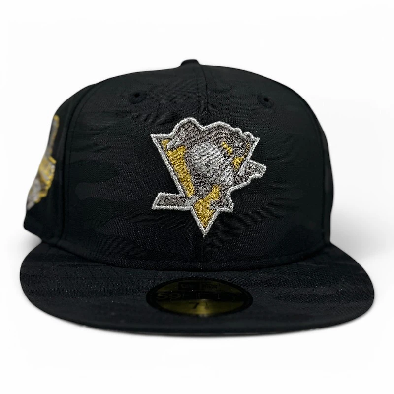 Pittsburgh Penguins Black Camo Cappy 2009 Stanley Cup Champs Patch Gray UV New Era 59FIFTY Fitted Hat