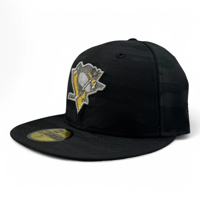Pittsburgh Penguins Black Camo Cappy 2009 Stanley Cup Champs Patch Gray UV New Era 59FIFTY Fitted Hat