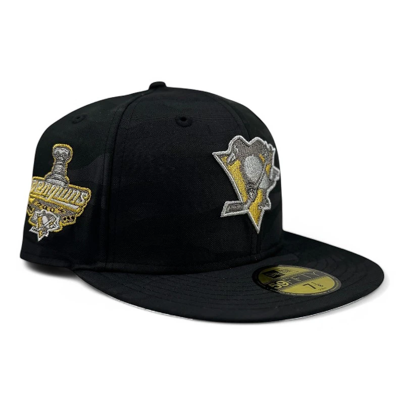 Pittsburgh Penguins Black Camo Cappy 2009 Stanley Cup Champs Patch Gray UV New Era 59FIFTY Fitted Hat