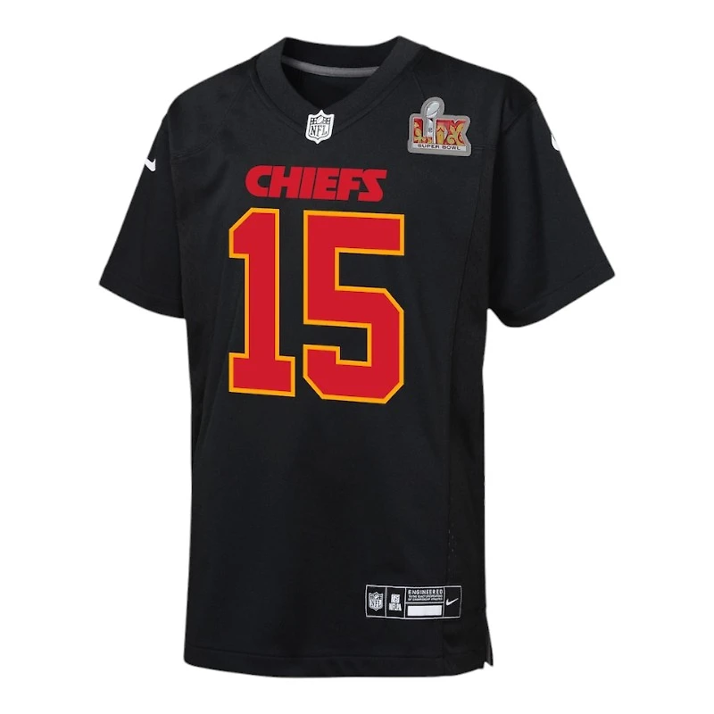 Youth Kansas City Chiefs Patrick Mahomes Super Bowl LIX Patch Black Nike Game Jersey