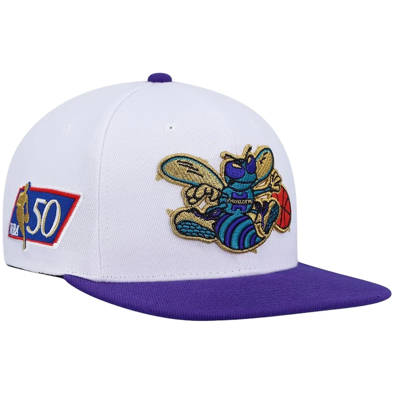 Charlotte Hornets White and Purple Mitchell & Ness NBA Hardwood Classic Snapback Hat