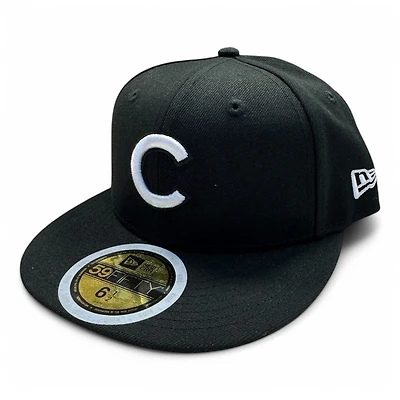 Kids Chicago Cubs White on Black Basic New Era 59FIFTY Fitted Hat