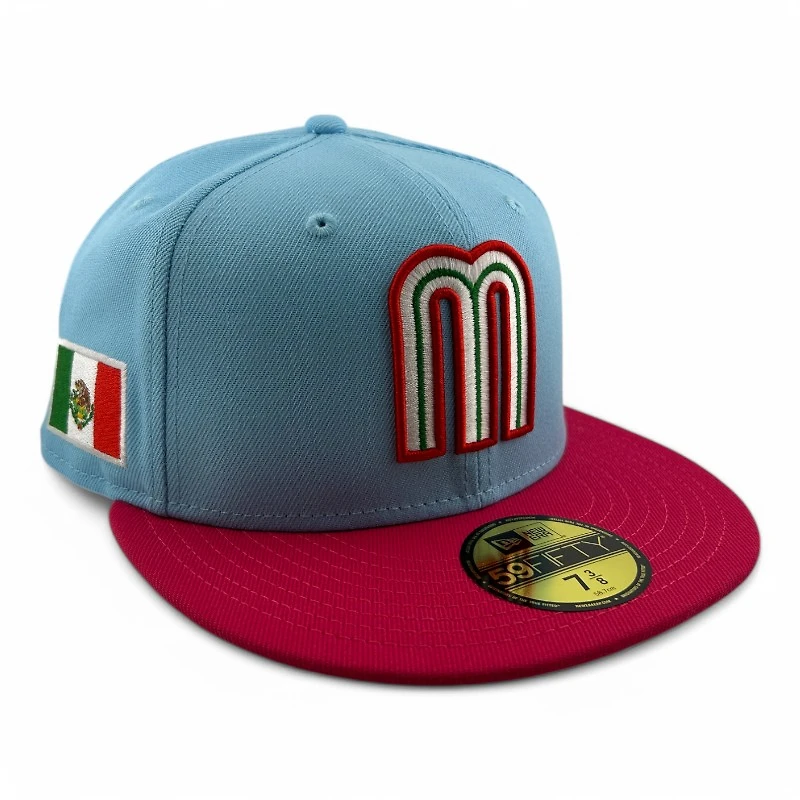 Mexico Light Blue and Pink Flag Patch Gray UV New Era 59FIFTY Fitted Hat
