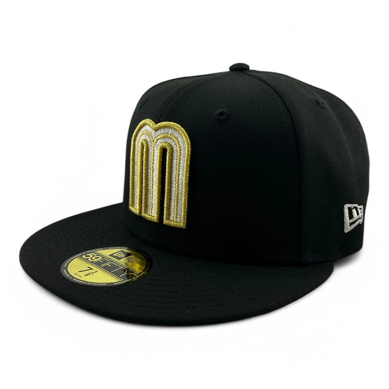 Mexico Black and Gold Metallic Aztec Calendar Patch Gray UV New Era 59FIFTY Fitted Hat