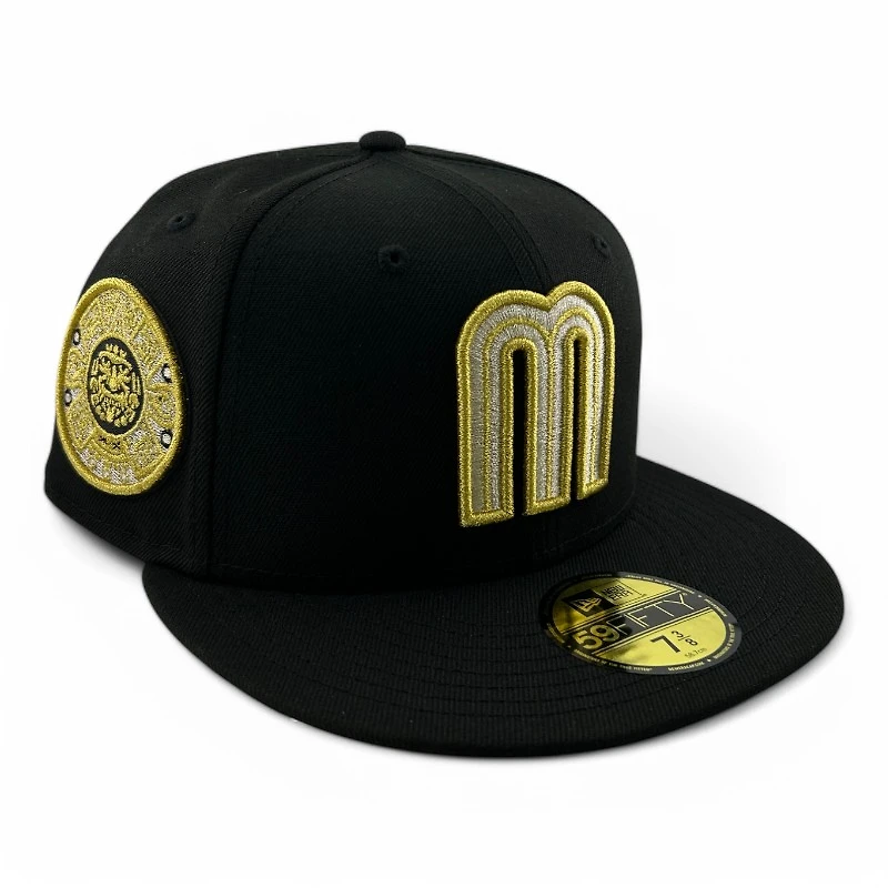 Mexico Black and Gold Metallic Aztec Calendar Patch Gray UV New Era 59FIFTY Fitted Hat