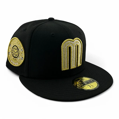 Mexico Black and Gold Metallic Aztec Calendar Patch Gray UV New Era 59FIFTY Fitted Hat