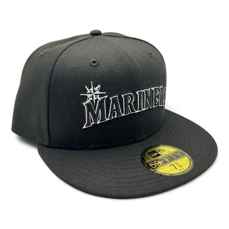 Seattle Mariners Black and White Word Block Gray UV New Era 59FIFTY Fitted Hat