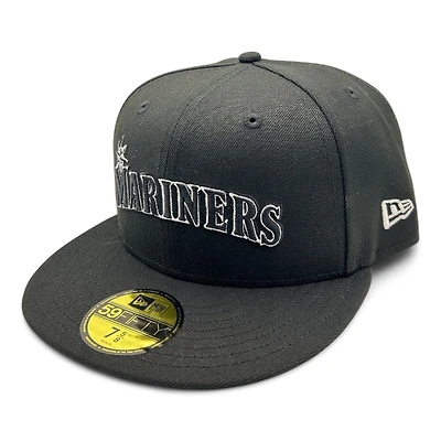 Seattle Mariners Black and White Word Block Gray UV New Era 59FIFTY Fitted Hat