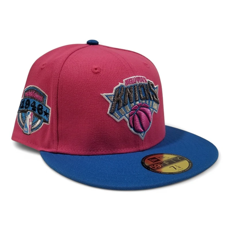 New York Knicks Pink and Cardinal Blue 1946 ASG Patch Gray UV Era 59FIFTY Fitted Hat