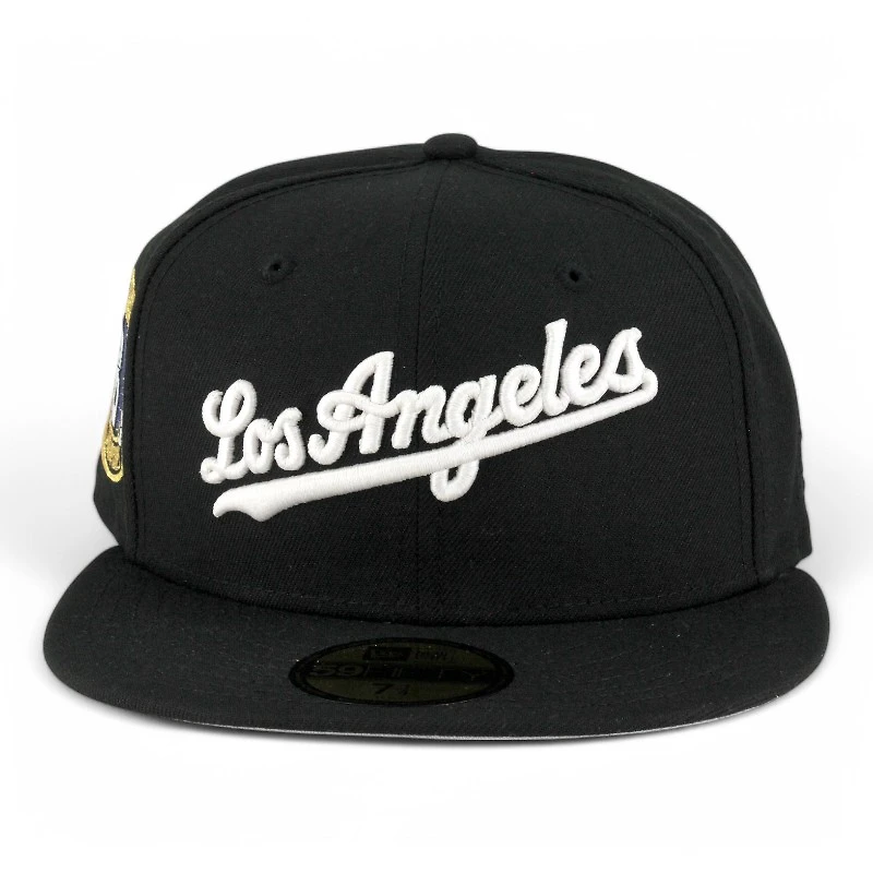 Los Angeles Dodgers Black and White Script 8x WS Champs Ring Patch Grey UV New Era 59FIFTY Fitted Hat