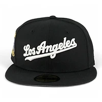 Los Angeles Dodgers Black and White Script 8x WS Champs Ring Patch Grey UV New Era 59FIFTY Fitted Hat
