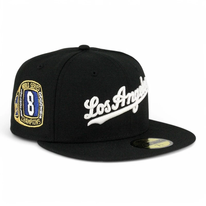 Los Angeles Dodgers Black and White Script 8x WS Champs Ring Patch Grey UV New Era 59FIFTY Fitted Hat
