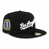 Los Angeles Dodgers Black and White Script 8x WS Champs Ring Patch Grey UV New Era 59FIFTY Fitted Hat