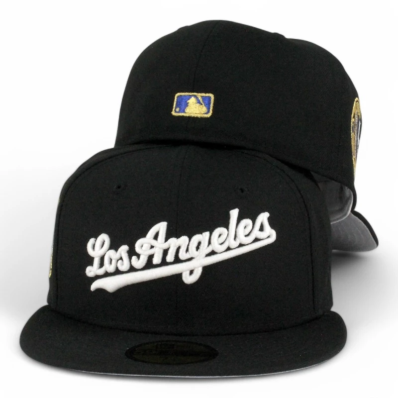 Los Angeles Dodgers Black and White Script 8x WS Champs Ring Patch Grey UV New Era 59FIFTY Fitted Hat