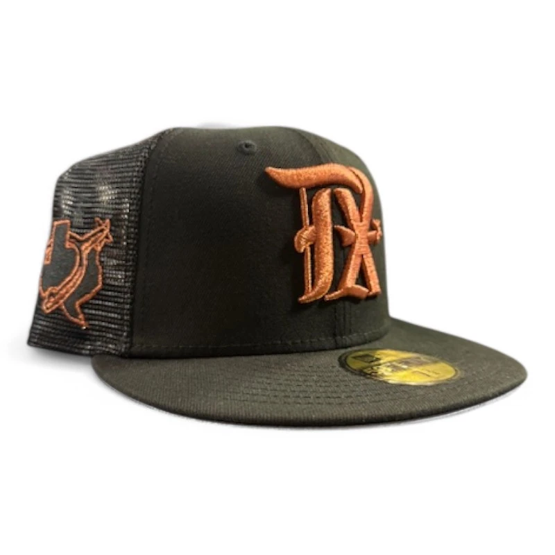 Texas Rangers Black and Copper Metallic Mesh Trucker Spur Patch Gray UV New Era 59FIFTY Fitted Hat