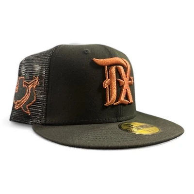 Texas Rangers Black and Copper Metallic Mesh Trucker Spur Patch Gray UV New Era 59FIFTY Fitted Hat