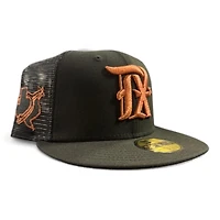 Texas Rangers Black and Copper Metallic Mesh Trucker Spur Patch Gray UV New Era 59FIFTY Fitted Hat