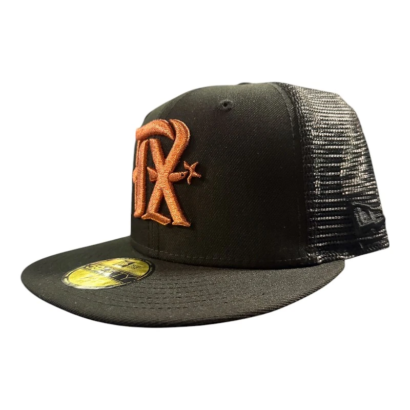 Texas Rangers Black and Copper Metallic Mesh Trucker Spur Patch Gray UV New Era 59FIFTY Fitted Hat