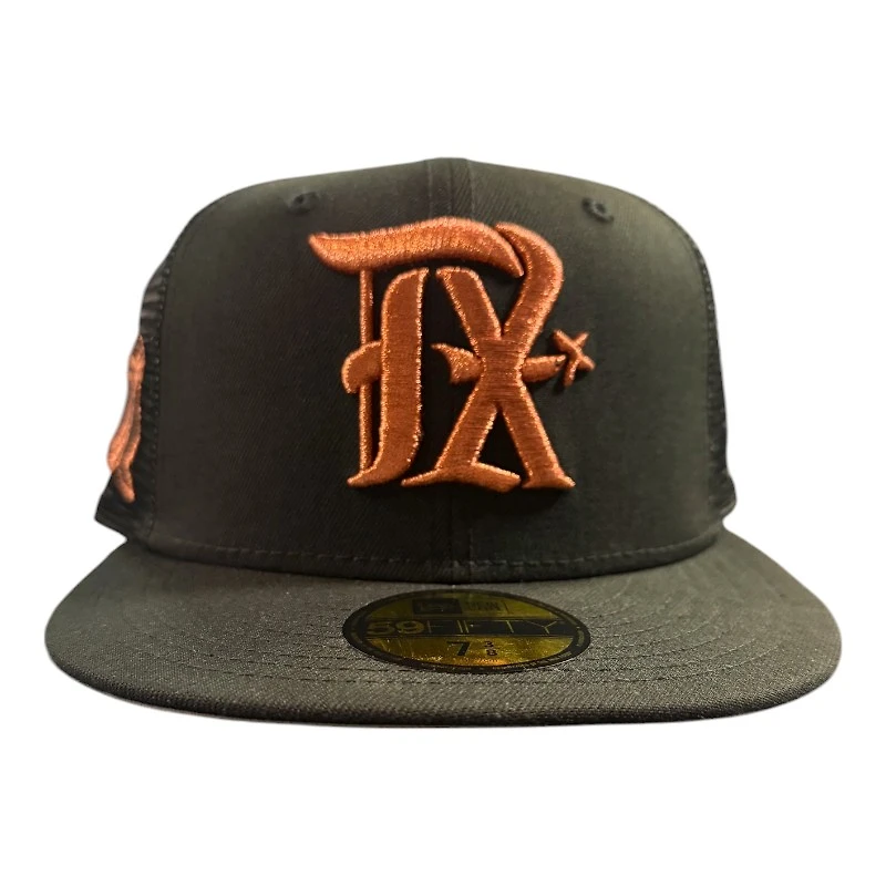 Texas Rangers Black and Copper Metallic Mesh Trucker Spur Patch Gray UV New Era 59FIFTY Fitted Hat