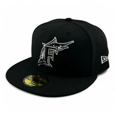 Miami Marlins White on Black Teal UV New Era 59FIFTY Fitted Hat
