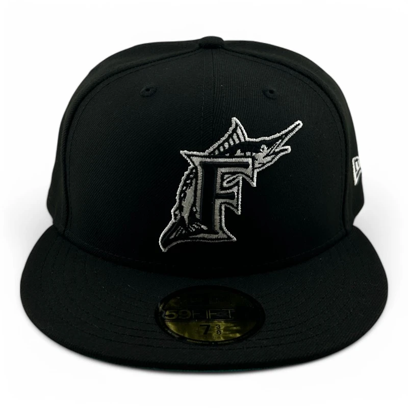 Miami Marlins White on Black Teal UV New Era 59FIFTY Fitted Hat