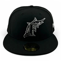 Miami Marlins White on Black Teal UV New Era 59FIFTY Fitted Hat
