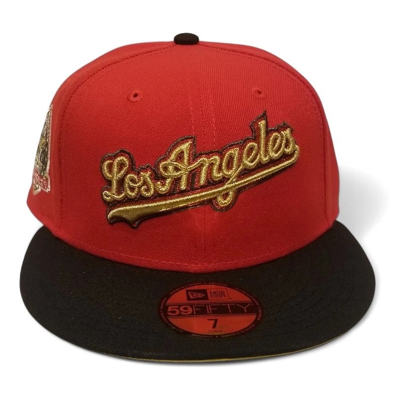 Los Angeles Dodgers Red and Black with Metallic Gold 60th Anni Patch Yellow UV New Era 59FIFTY Fitted Hat