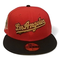 Los Angeles Dodgers Red and Black with Metallic Gold 60th Anni Patch Yellow UV New Era 59FIFTY Fitted Hat