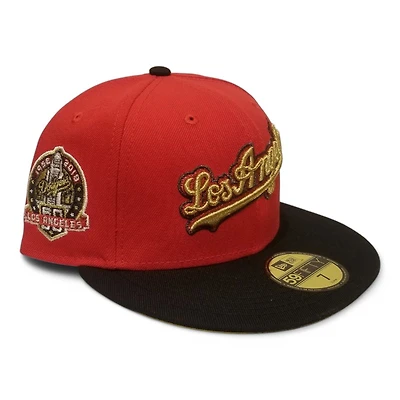 Los Angeles Dodgers Red and Black with Metallic Gold 60th Anni Patch Yellow UV New Era 59FIFTY Fitted Hat