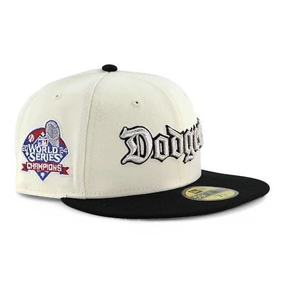 Los Angeles Dodgers Chrome and Black "Old English" 2024 WS Champions Patch Grey UV New Era 59FIFTY Fitted Hat