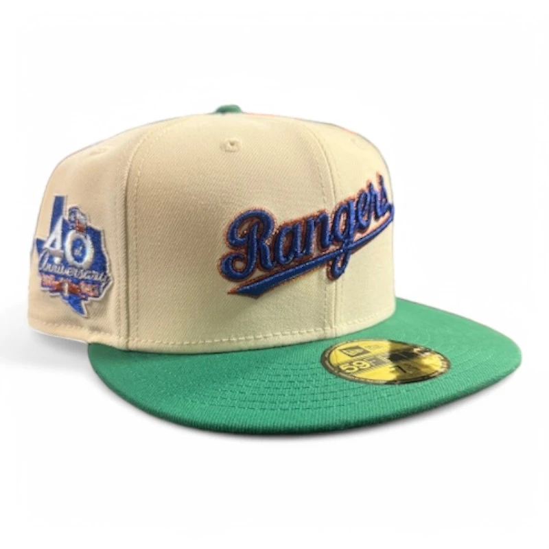 Texas Rangers Cream and Green Script 40th Anniversary Patch Gray UV New Era 59FIFTY Fitted Hat