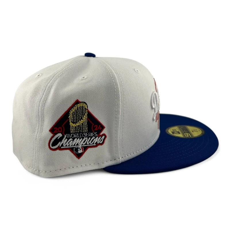 Los Angeles Dodgers White And  Royal Blue Script "Shoot for the Stands" 2024 WS Champs Patch Gray UV New Era 59FIFTY Fitted Hat