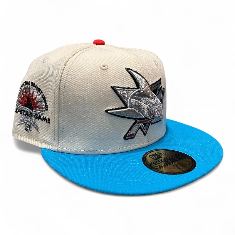 San Jose Sharks Chrome and Blue ASG Patch Light Pink UV New Era 59FIFTY Fitted Hat