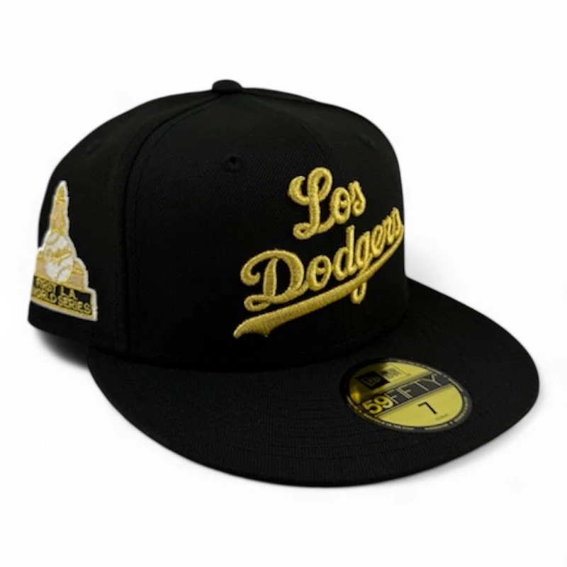 Los Angeles Dodgers Black and Gold Metallic Script 1st LA WS Patch Gray UV New Era 59FIFTY Fitted Hat