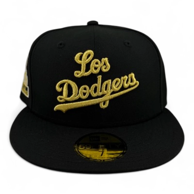 Los Angeles Dodgers Black and Gold Metallic Script 1st LA WS Patch Gray UV New Era 59FIFTY Fitted Hat