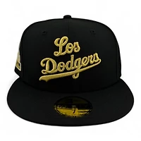 Los Angeles Dodgers Black and Gold Metallic Script 1st LA WS Patch Gray UV New Era 59FIFTY Fitted Hat