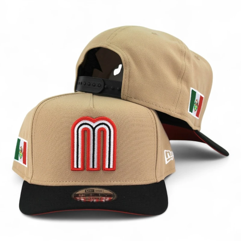 Mexico Khaki Brown and Black Flag Patch "2025 Cinco De Mayo" Red UV New Era 9FIFTY A-Frame Snapback Hat