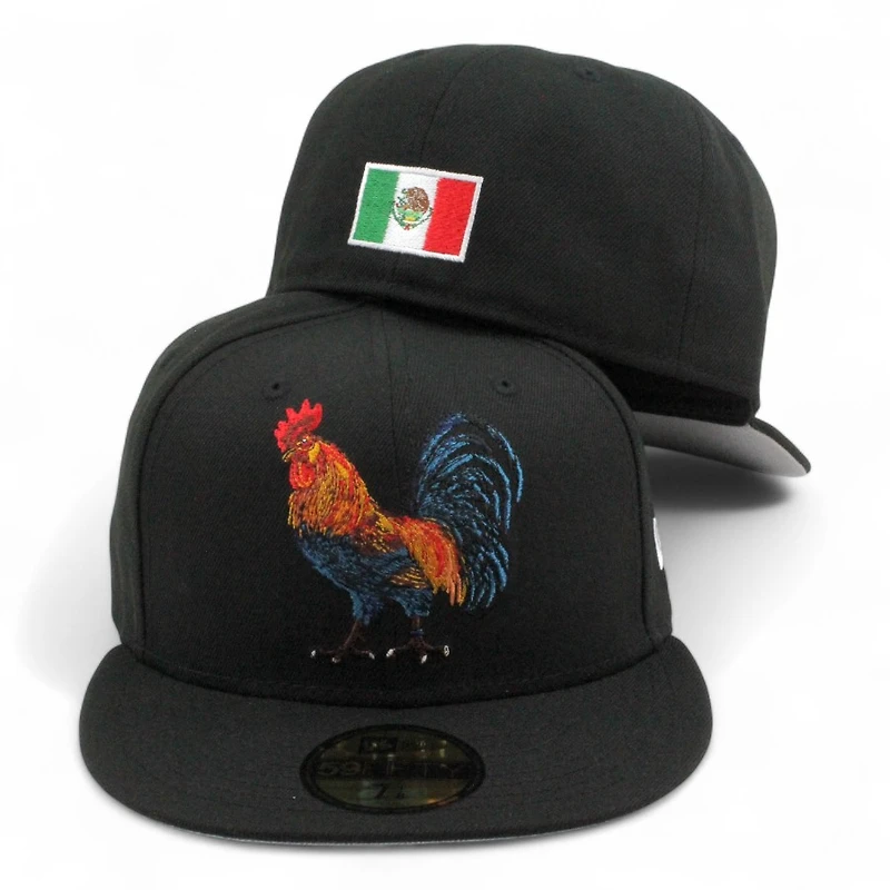 Black Rooster "El Gallo" Mexico Flag Patch "2025 Cinco De Mayo" Grey UV New Era 59FIFTY Fitted Hat