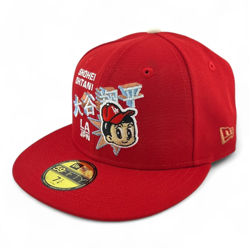 Los Angeles Dodgers Shohei Ohtani Anime Scarlet Red and Metallic LA Patch Gray UV New Era 59FIFTY Fitted Hat